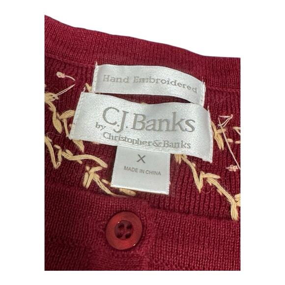 Vintage CJ Banks Red Hand Embroidered Floral Embellished Pearls Cardigan Sweater - Picture 2 of 8
